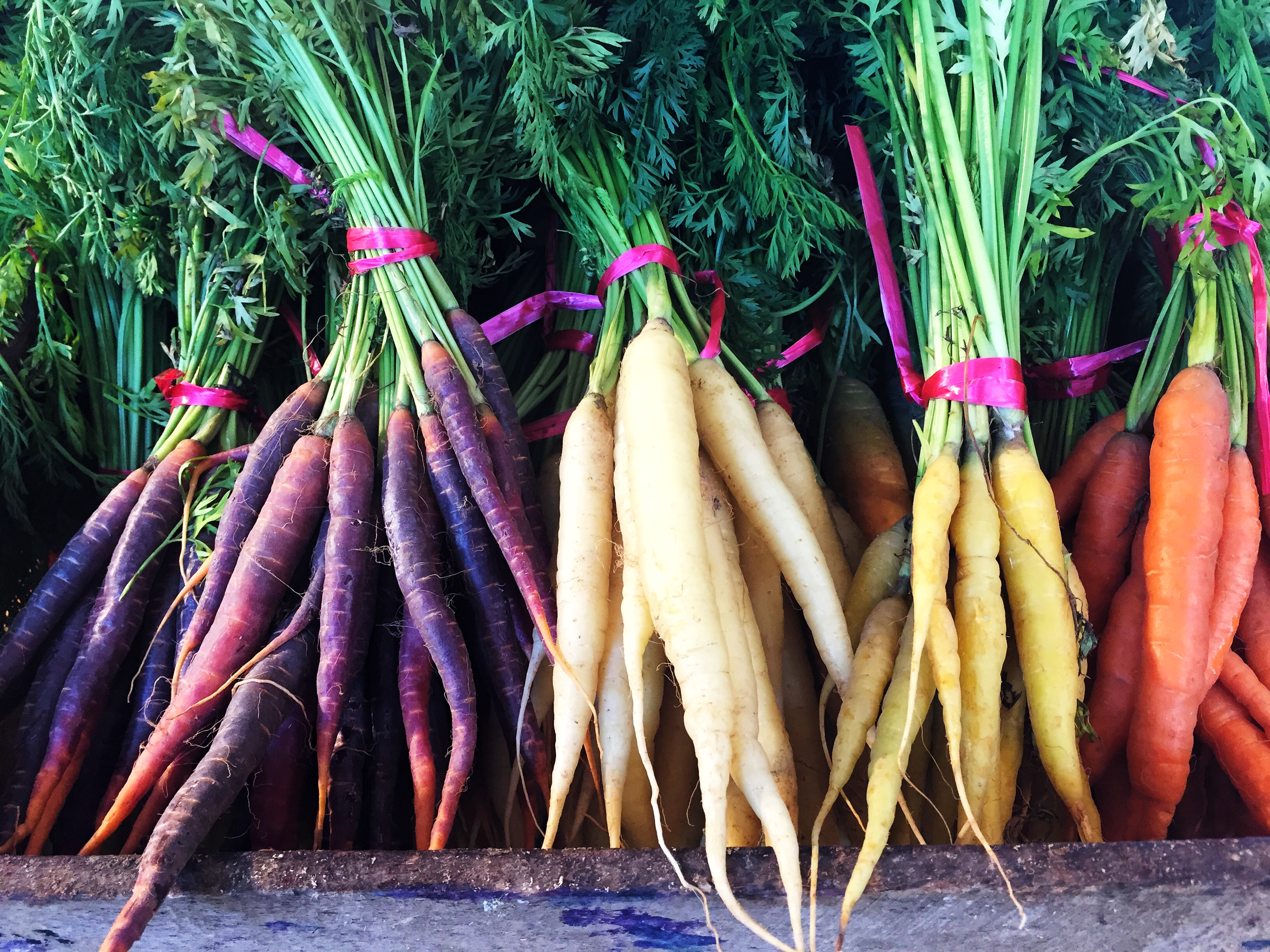 Bunches of purple, white, yellow, and orange carrots with tops. 